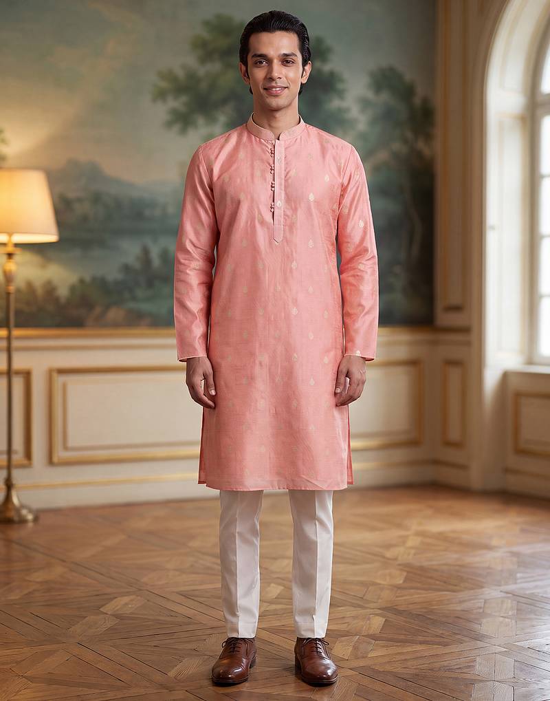 Mens pink jacquard ethnic motifs woven design kurta