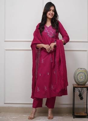 Women's premium embroidered pure cotton angrakha kurta pant dupatta set 1