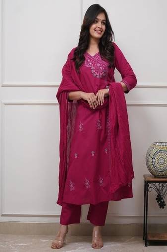 Women's premium embroidered cotton angrakha kurta pant dupatta set
