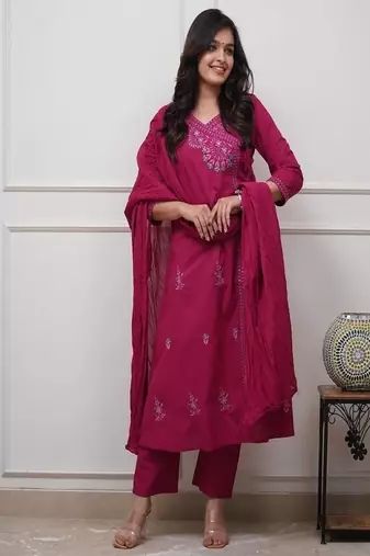 Women's premium embroidered pure cotton angrakha kurta pant dupatta set