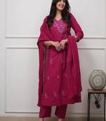 Women's premium embroidered pure cotton angrakha kurta pant dupatta set