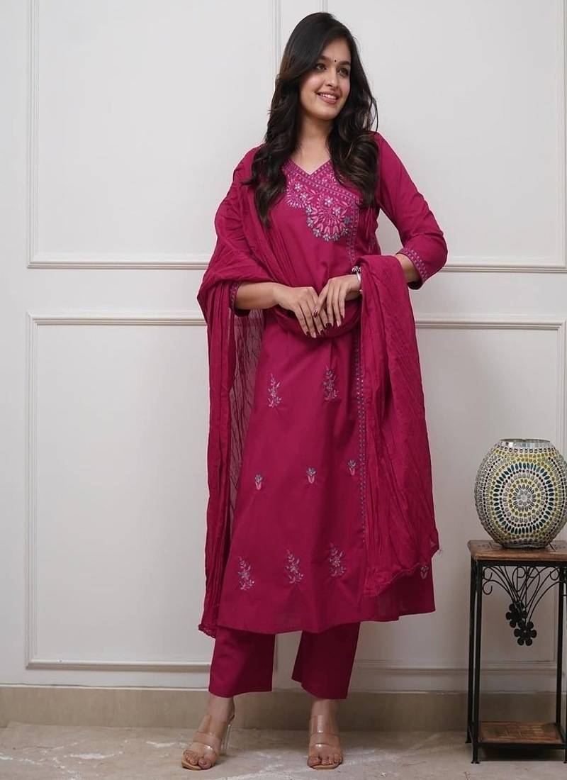 Women's premium embroidered pure cotton angrakha kurta pant dupatta set