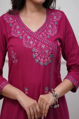 Women's premium embroidered pure cotton angrakha kurta pant dupatta set 3