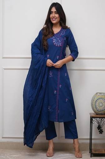 Women's premium embroidered cotton angrakha kurta pant dupatta set