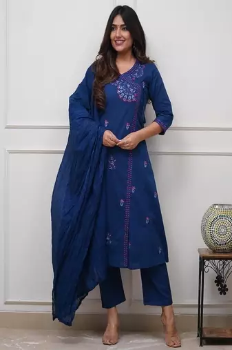 Women's premium embroidered pure cotton angrakha kurta pant dupatta set