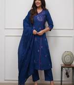 Women's premium embroidered pure cotton angrakha kurta pant dupatta set
