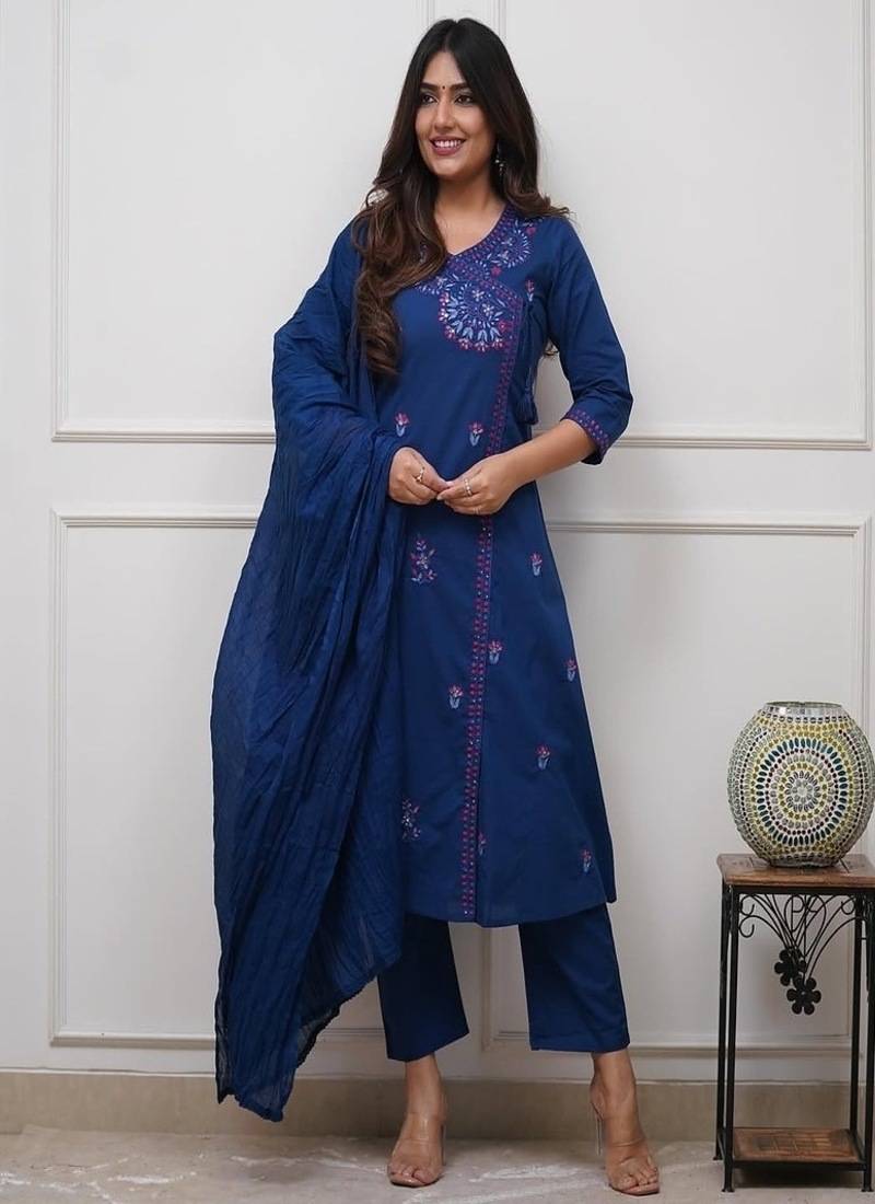 Women's premium embroidered pure cotton angrakha kurta pant dupatta set