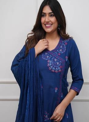 Women's premium embroidered pure cotton angrakha kurta pant dupatta set 2