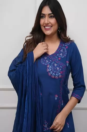 Women's premium embroidered pure cotton angrakha kurta pant dupatta set