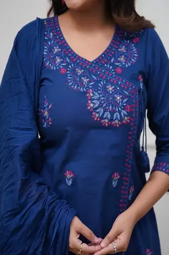 Women's premium embroidered pure cotton angrakha kurta pant dupatta set