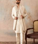 Mens off white silk blend solid embroidered kurta with dupatta