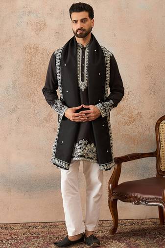 Mens black silk blend solid embroidered kurta with dupatta