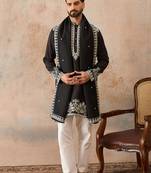 Mens black silk blend solid embroidered kurta with dupatta