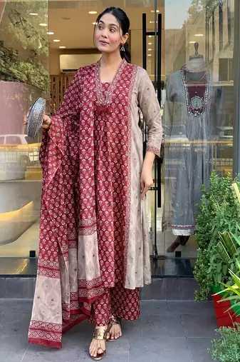 Women's premium handworked pure cotton a-line anarkali kurta palazzo dupatta set