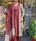 Women's premium handworked pure cotton a-line anarkali kurta palazzo dupatta set