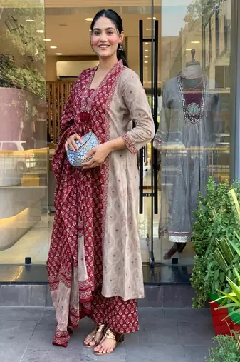 Women's premium handworked pure cotton a-line anarkali kurta palazzo dupatta set