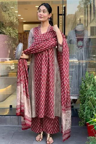 Women's premium handworked pure cotton a-line anarkali kurta palazzo dupatta set