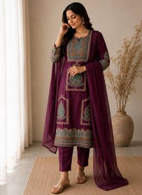 Women's premium handworked pure cotton kurta pant dupatta set 1