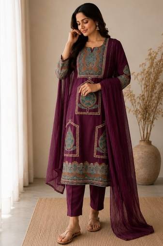 Women's premium handworked cotton kurta pant dupatta set