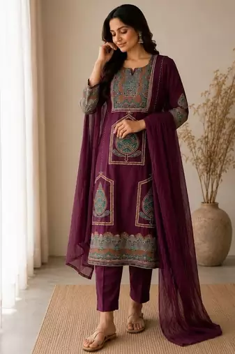 Women's premium handworked pure cotton kurta pant dupatta set