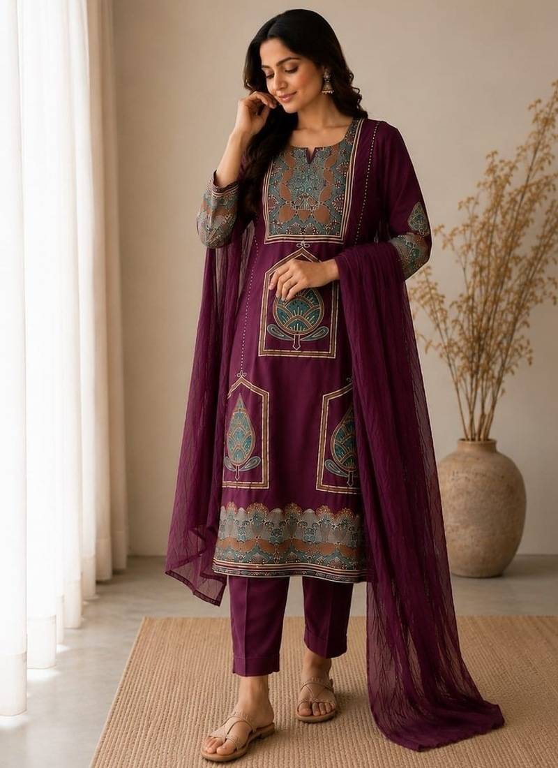 Women's premium handworked pure cotton kurta pant dupatta set