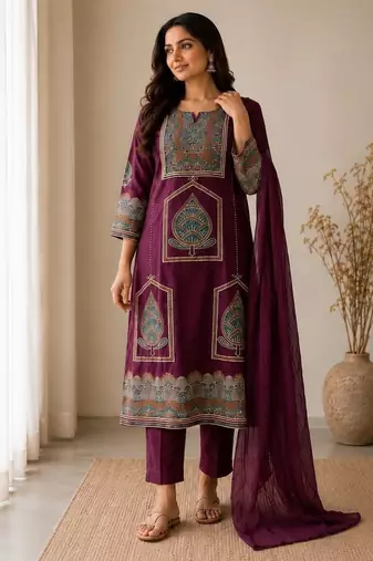 Women's premium handworked pure cotton kurta pant dupatta set
