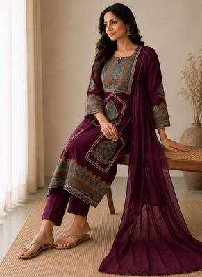 Women's premium handworked pure cotton kurta pant dupatta set 3