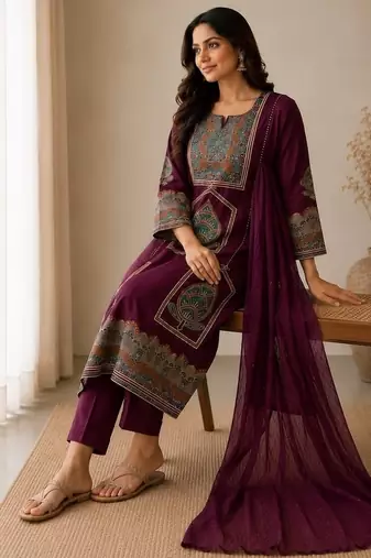 Women's premium handworked pure cotton kurta pant dupatta set