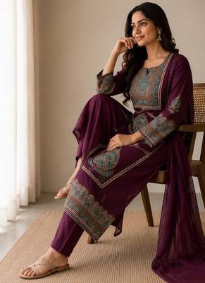 Women's premium handworked pure cotton kurta pant dupatta set 4