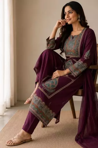 Women's premium handworked pure cotton kurta pant dupatta set