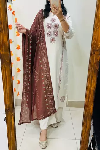 Women's block printed pure cotton kurta palazzo dupatta set with mirror work