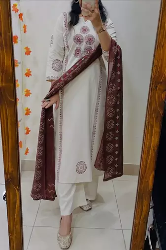 Women's block printed pure cotton kurta palazzo dupatta set with mirror work