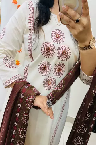 Women's block printed pure cotton kurta palazzo dupatta set with mirror work