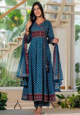Women's premium printed pure cotton angrakha kurta pant dupatta set 1