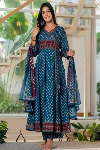 Women's premium printed pure cotton angrakha kurta pant dupatta set
