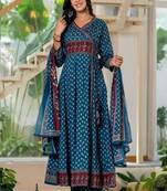 Women's premium printed pure cotton angrakha kurta pant dupatta set