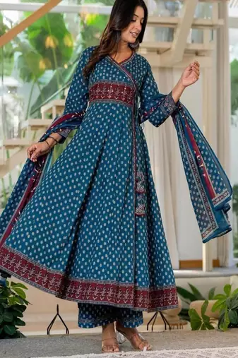 Women's premium printed pure cotton angrakha kurta pant dupatta set