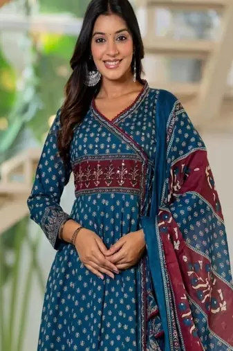 Women's premium printed pure cotton angrakha kurta pant dupatta set