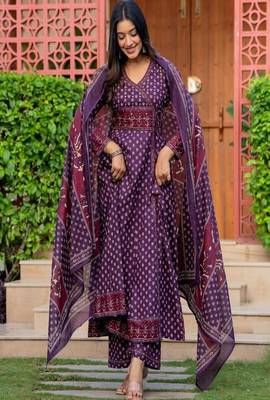 Women's premium printed pure cotton angrakha kurta pant dupatta set 1