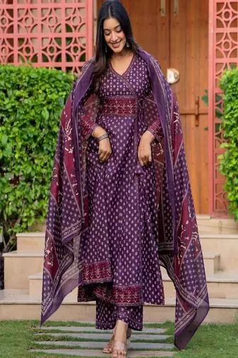 Women's premium printed pure cotton angrakha kurta pant dupatta set