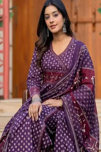 Women's premium printed pure cotton angrakha kurta pant dupatta set