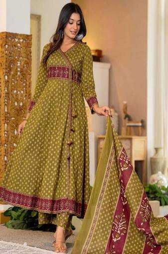 Women's premium printed cotton angrakha kurta pant dupatta set