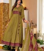 Women's premium printed pure cotton angrakha kurta pant dupatta set