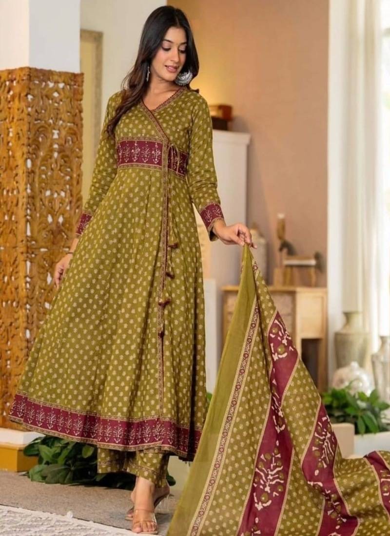 Women's premium printed pure cotton angrakha kurta pant dupatta set