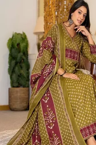 Women's premium printed pure cotton angrakha kurta pant dupatta set