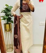 Women's premium mirror embroidered pure cotton kurta pant dupatta set