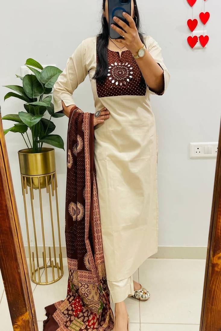 Women's premium mirror embroidered pure cotton kurta pant dupatta set