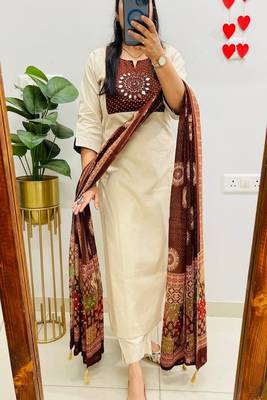 Women's premium mirror embroidered pure cotton kurta pant dupatta set 2