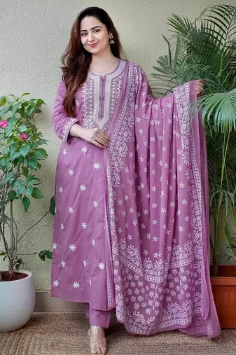 Dusty Lavender Embroidered Straight Suit Set With Dupatta