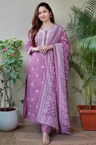 Dusty Lavender Embroidered Straight Suit Set With Dupatta